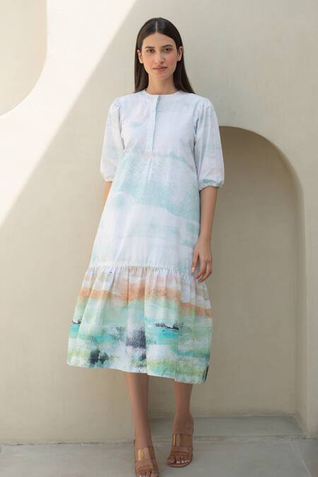 Shop Merakus Multi Color Cotton Round Neck Moss Watercolor Effect Midi Dress Online at Aza Fashions Shop_Merakus_Multi Color Cotton Round Neck Moss Watercolor Effect Midi Dress _Online_at_Aza_Fashions