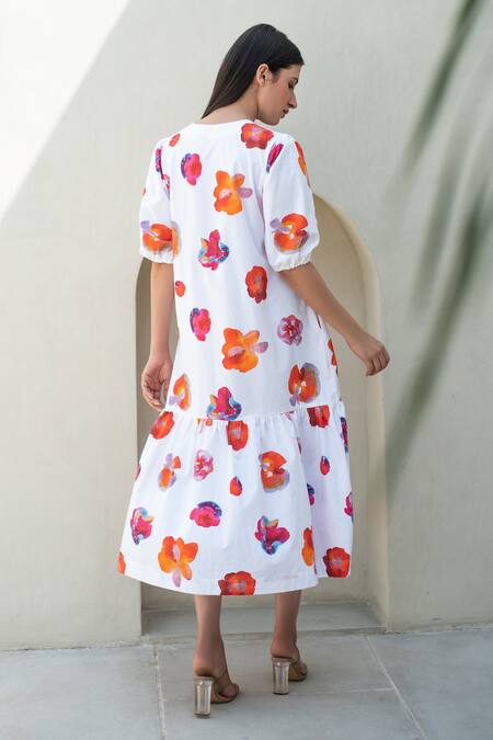 Shop_Merakus_Multi Color Cotton Round Neck Bloom Print Midi Dress _at_Aza_Fashions