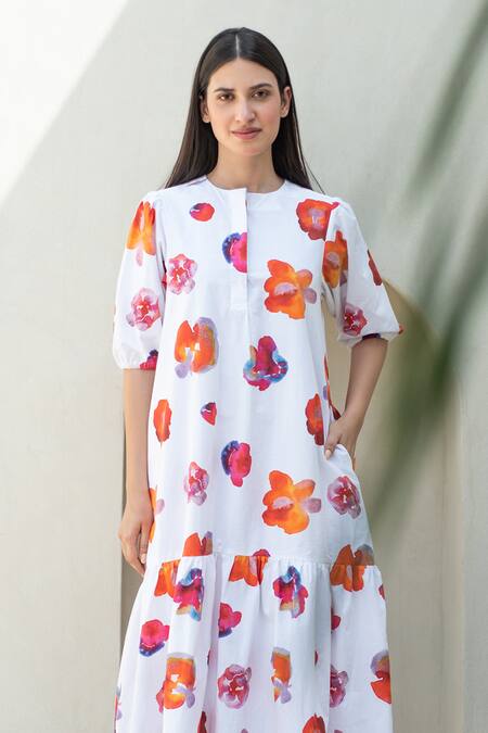 Merakus_Multi Color Cotton Round Neck Bloom Print Midi Dress _Online_at_Aza_Fashions