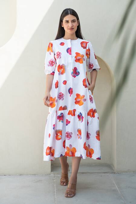 Buy_Merakus_Multi Color Cotton Round Neck Bloom Print Midi Dress _Online_at_Aza_Fashions