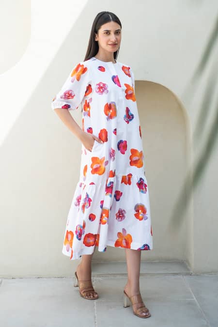 Shop_Merakus_Multi Color Cotton Round Neck Bloom Print Midi Dress _Online_at_Aza_Fashions