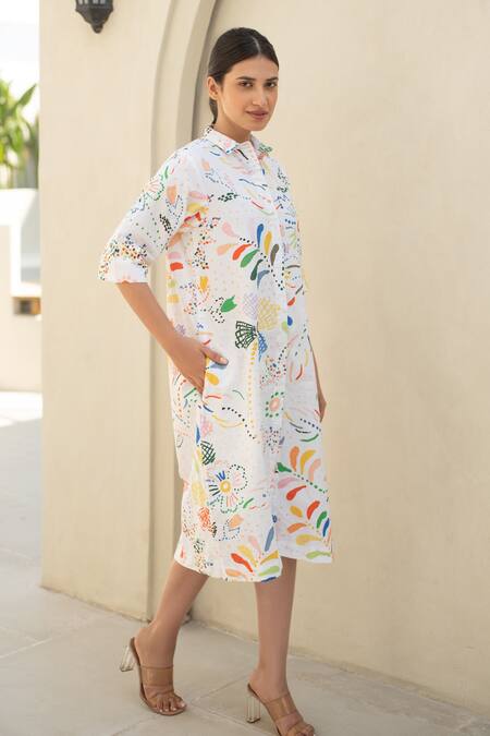 Merakus_Multi Color Cotton Collared Bloom Scribble Shirt Dress _Online_at_Aza_Fashions