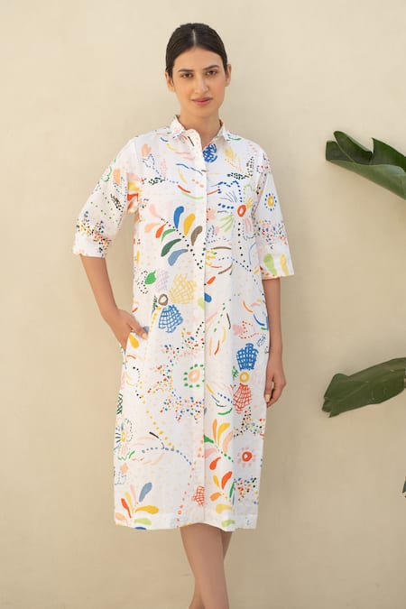 Buy_Merakus_Multi Color Cotton Collared Bloom Scribble Shirt Dress _Online_at_Aza_Fashions