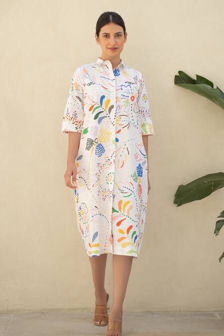Shop_Merakus_Multi Color Cotton Collared Bloom Scribble Shirt Dress _Online_at_Aza_Fashions