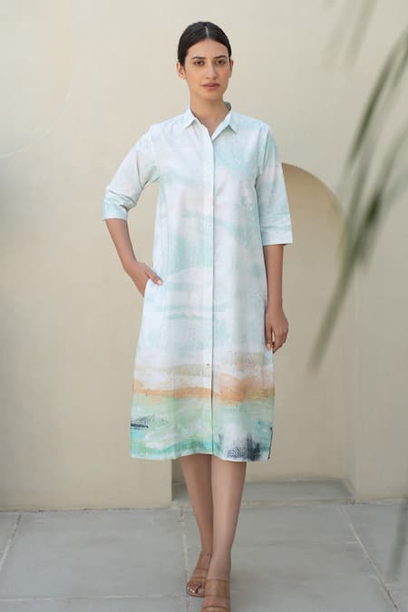 Merakus Moss Watercolor Effect Print Shirt Dress 