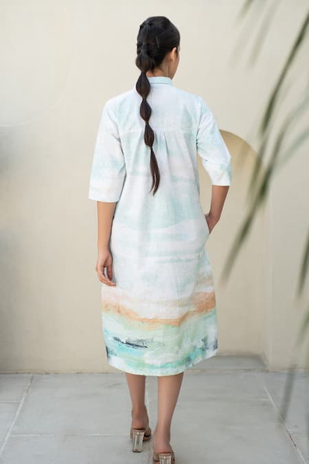 Shop_Merakus_Multi Color Cotton Collared Moss Watercolor Effect Print Shirt Dress _at_Aza_Fashions