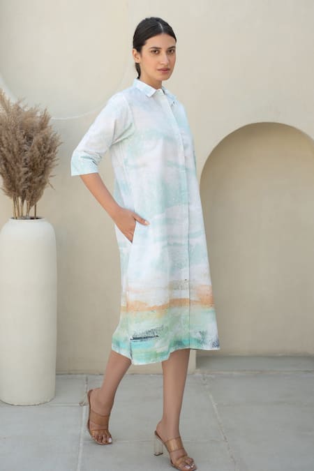 Merakus_Multi Color Cotton Collared Moss Watercolor Effect Print Shirt Dress _Online_at_Aza_Fashions