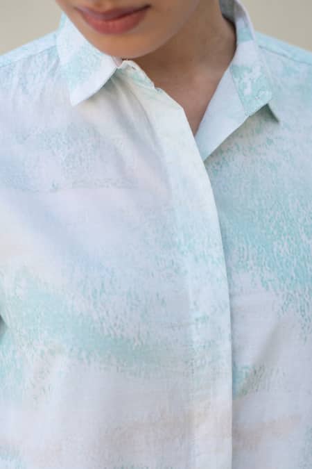 Buy_Merakus_Multi Color Cotton Collared Moss Watercolor Effect Print Shirt Dress _Online_at_Aza_Fashions