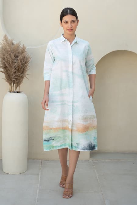 Shop Merakus Multi Color Cotton Collared Moss Watercolor Effect Print Shirt Dress Online at Aza Fashions Shop_Merakus_Multi Color Cotton Collared Moss Watercolor Effect Print Shirt Dress _Online_at_Aza_Fashions