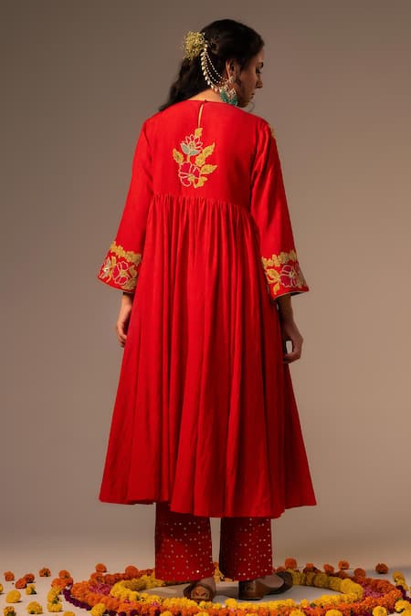 Shop_Svastih_Red Organza, Cotton Sequins, Applique Round Neck Embellished Anarkali Set _at_Aza_Fashions