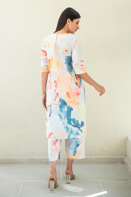 Shop_Merakus_Multi Color Cotton Round Neck Abstract Print Kurta And Pant Set _at_Aza_Fashions