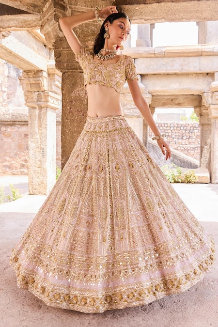 Shop Ronak And Shruti Beige Organza, Net Crystals, Sequins, Zari And Zardozi Embroidered Lehenga Set at Aza Fashions Shop_Ronak And Shruti_Beige Organza, Net Crystals, Sequins, Zari And Zardozi Embroidered Lehenga Set _at_Aza_Fashions