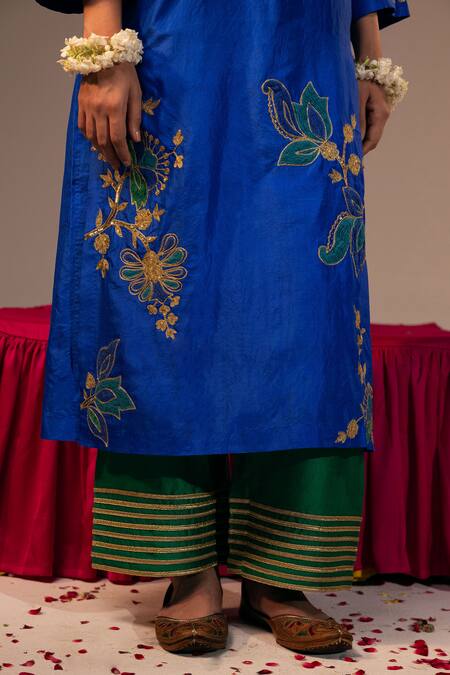 Shop_Svastih_Blue Silk, Chanderi Lace, Sequins, Applique Embroidered Kurta Set With Palazzo _Online_at_Aza_Fashions