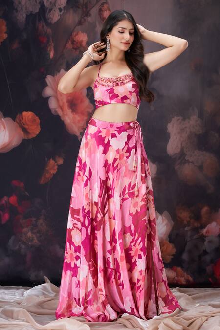 Amani Pink Crepe, Silk Beads, Sequins, Crystals, Floral Print Blouse And Skirt Set at Aza Fashions Amani_Pink Crepe, Silk Beads, Sequins, Crystals, Floral Print Blouse And Skirt Set _at_Aza_Fashions