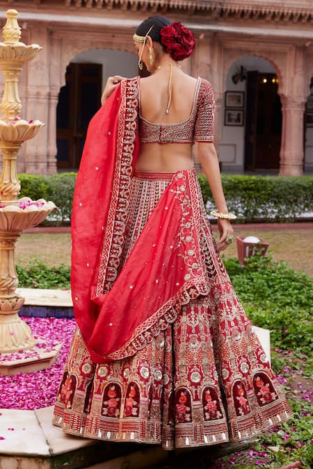 Ronak And Shruti Red Velvet, Linen, Organza Pearls, Floral Embroidered Bridal Lehenga Set Online at Aza Fashions Ronak And Shruti_Red Velvet, Linen, Organza Pearls, Floral Embroidered Bridal Lehenga Set _Online_at_Aza_Fashions