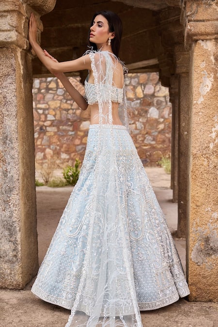 Shop Ronak And Shruti Blue Net Pearls, Crystals, Feathers, Embroidery V-neck Ice Lehenga Set at Aza Fashions Shop_Ronak And Shruti_Blue Net Pearls, Crystals, Feathers, Embroidery V-neck Ice Lehenga Set _at_Aza_Fashions