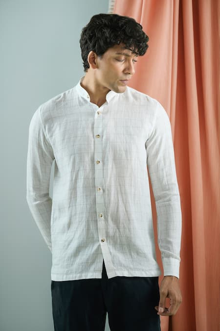 Arihant Rai Sinha White Checkered Mandarin Collar Shirt 