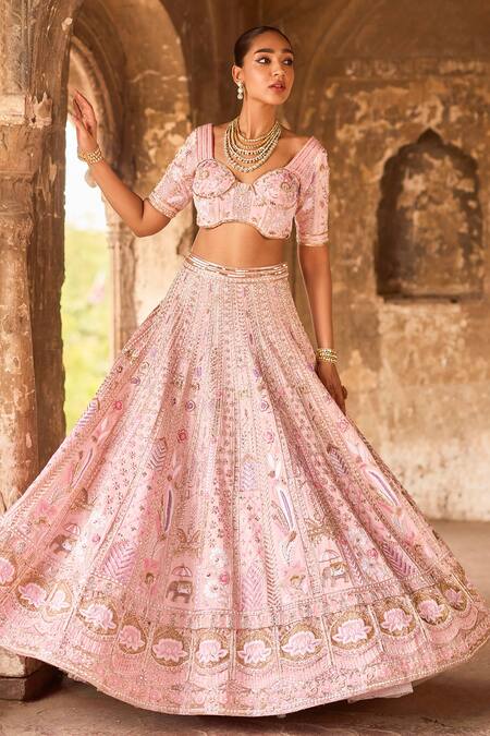Ronak And Shruti Pink Linen, Net Embroidery, Sequins, Crystals Flamingo Bridal Lehenga Set at Aza Fashions Ronak And Shruti_Pink Linen, Net Embroidery, Sequins, Crystals Flamingo Bridal Lehenga Set _at_Aza_Fashions