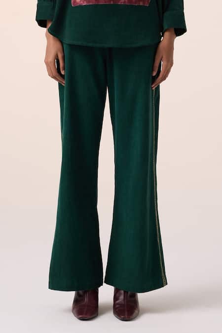 Shop Cord Green Corduroy Embroidery Thread Pant at Aza Fashions Shop_Cord_Green Corduroy Embroidery Thread Pant _at_Aza_Fashions