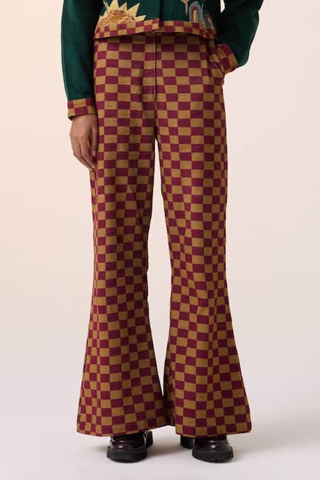 Shop Cord Maroon Corduroy Checkered Print Pant at Aza Fashions Shop_Cord_Maroon Corduroy Checkered Print Pant _at_Aza_Fashions