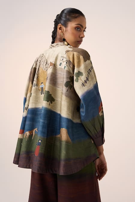 Cord Multicolor Cotton Village Print A-Line Shirt 