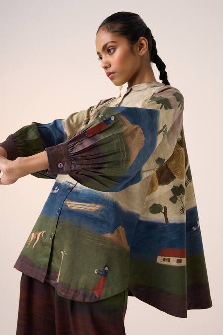 Buy_Cord_Multi Color Cotton Mandarin Collar Multicolor Village Print A-line Shirt _Online_at_Aza_Fashions