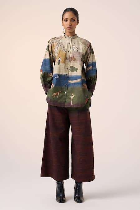 Shop_Cord_Multi Color Cotton Mandarin Collar Multicolor Village Print A-line Shirt _Online_at_Aza_Fashions
