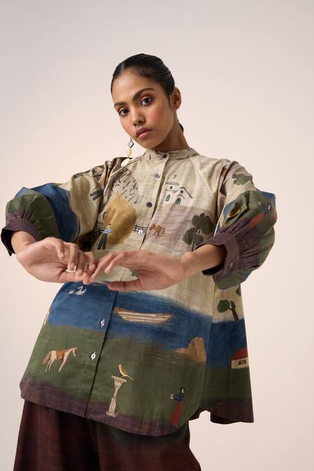 Shop_Cord_Multi Color Cotton Bandeau Neck Multicolor Village Print Shirt And Pant Set_Online_at_Aza_Fashions