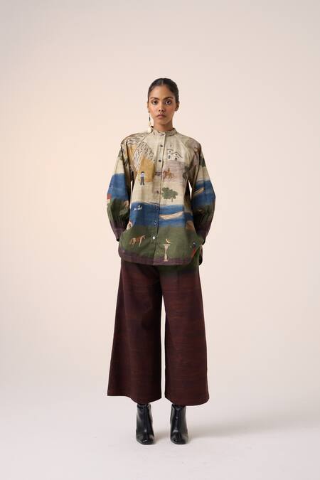 Cord_Multi Color Cotton Bandeau Neck Multicolor Village Print Shirt And Pant Set_at_Aza_Fashions