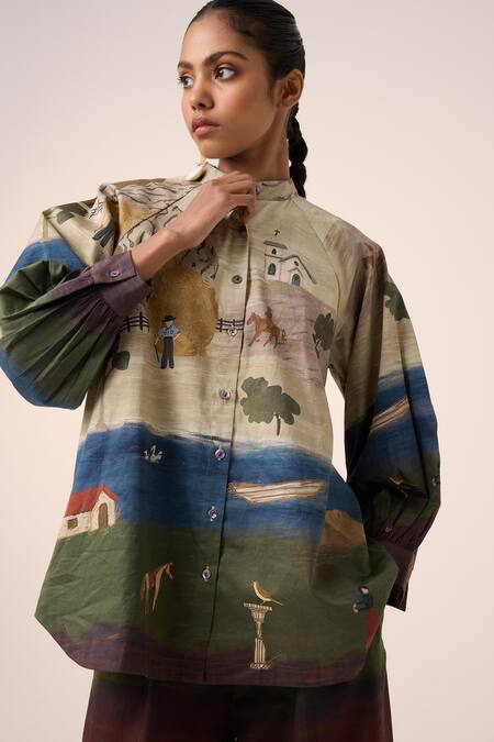 Buy_Cord_Multi Color Cotton Bandeau Neck Multicolor Village Print Shirt And Pant Set