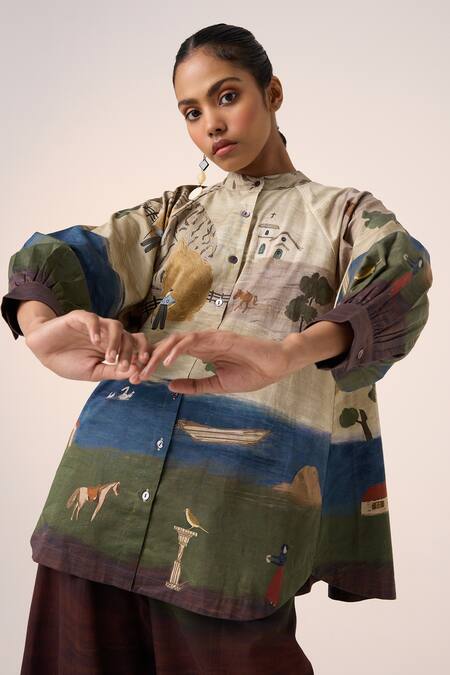 Shop_Cord_Multi Color Cotton Bandeau Neck Multicolor Village Print Shirt And Pant Set