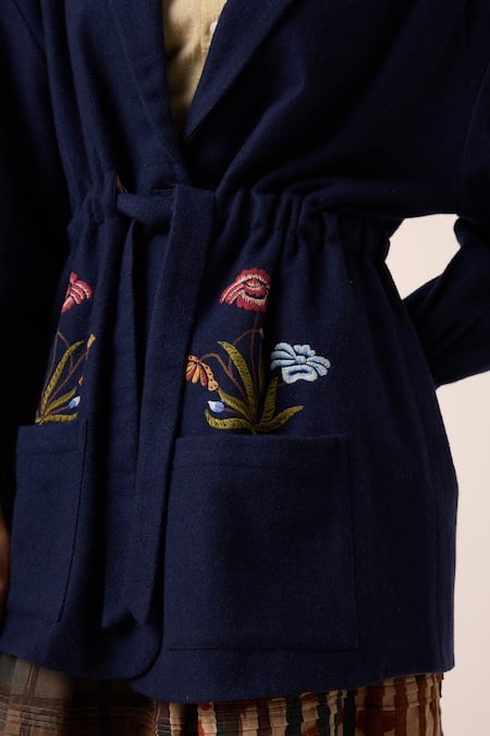 Shop Cord Blue Wool Embroidery Floral Ink Blazer Online at Aza Fashions Shop_Cord_Blue Wool Embroidery Floral Ink Blazer _Online_at_Aza_Fashions