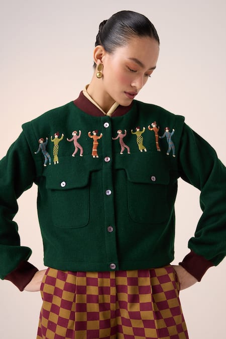 Cord Green Wool Embroidery Mandarin Collar Folk Jacket Online at Aza Fashions Cord_Green Wool Embroidery Mandarin Collar Folk Jacket_Online_at_Aza_Fashions