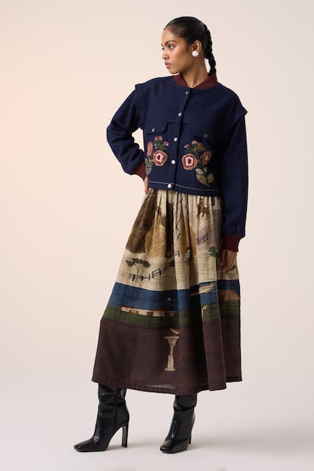 Cord Blue Wool Applique Mandarin Collar Floral Embroidered Jacket 