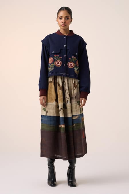 Cord Blue Wool Applique Mandarin Collar Floral Embroidered Jacket Online at Aza Fashions Cord_Blue Wool Applique Mandarin Collar Floral Embroidered Jacket _Online_at_Aza_Fashions