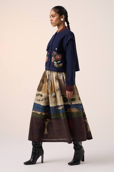 Shop Cord Blue Wool Applique Mandarin Collar Floral Embroidered Jacket Online at Aza Fashions Shop_Cord_Blue Wool Applique Mandarin Collar Floral Embroidered Jacket _Online_at_Aza_Fashions