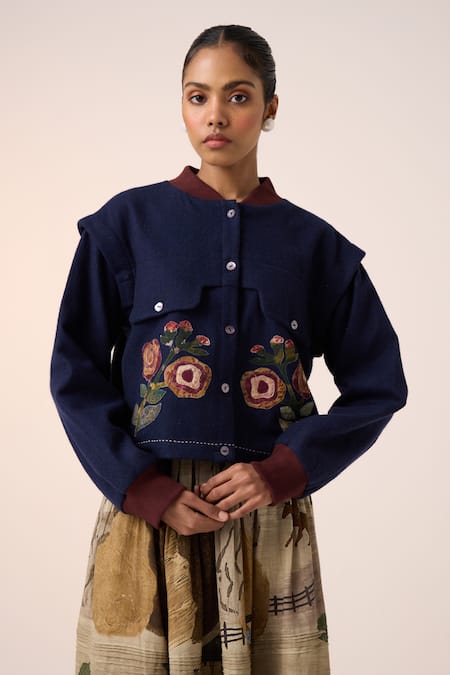 Cord Blue Wool Applique Mandarin Collar Floral Embroidered Jacket at Aza Fashions Cord_Blue Wool Applique Mandarin Collar Floral Embroidered Jacket _at_Aza_Fashions