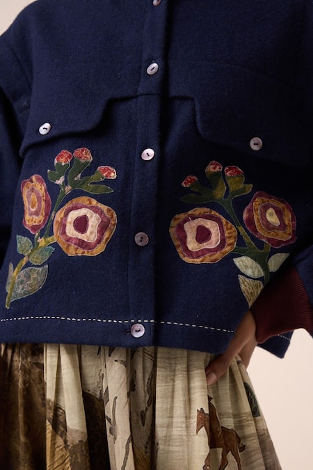Shop Cord Blue Wool Applique Mandarin Collar Floral Embroidered Jacket Shop_Cord_Blue Wool Applique Mandarin Collar Floral Embroidered Jacket