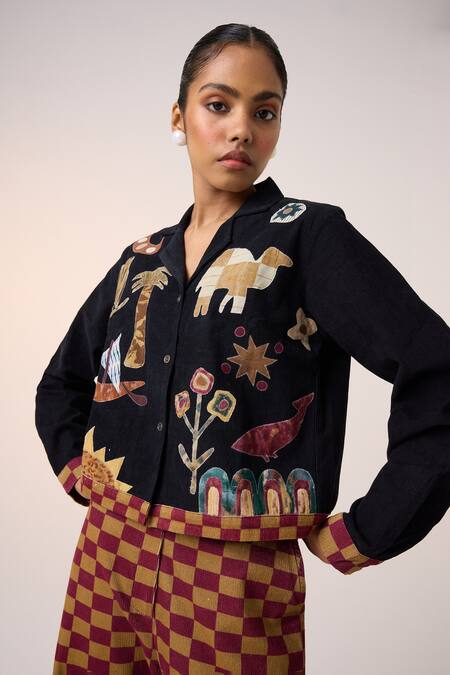 Buy_Cord_Black Corduroy Embroidery, Applique Collared Jungle Cropped Shirt And Pant Set _Online_at_Aza_Fashions