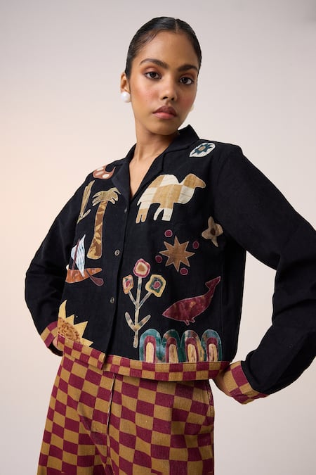 Cord Black Corduroy Embroidery Collared Jungle Applique Cropped Shirt 