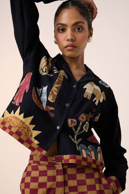 Buy Cord Black Corduroy Embroidery Collared Jungle Applique Cropped Shirt Online at Aza Fashions Buy_Cord_Black Corduroy Embroidery Collared Jungle Applique Cropped Shirt _Online_at_Aza_Fashions