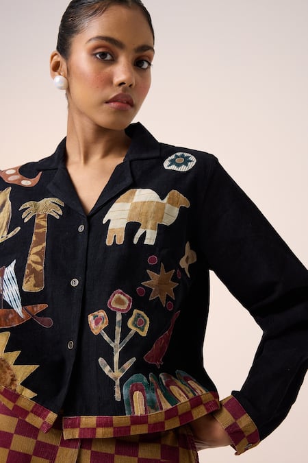 Cord Black Corduroy Embroidery Collared Jungle Applique Cropped Shirt at Aza Fashions Cord_Black Corduroy Embroidery Collared Jungle Applique Cropped Shirt _at_Aza_Fashions