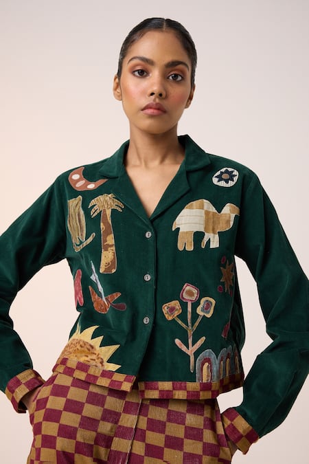 Buy Cord Green Corduroy Applique Collared Jungle Embroidered Shirt Online at Aza Fashions Buy_Cord_Green Corduroy Applique Collared Jungle Embroidered Shirt _Online_at_Aza_Fashions