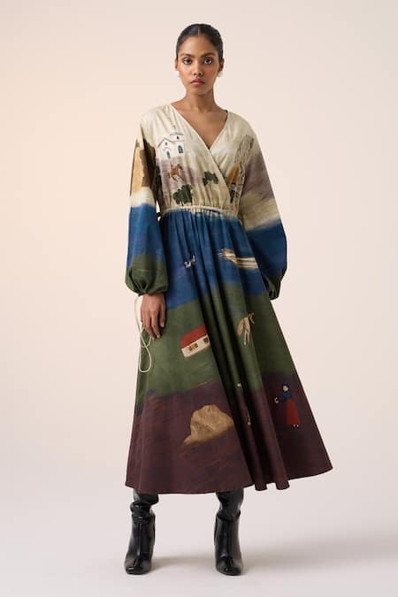 Cord Multi Color Cotton V-neck Village Print Midi Dress