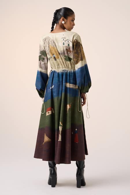 Shop_Cord_Multi Color Cotton V-neck Village Print Midi Dress _at_Aza_Fashions