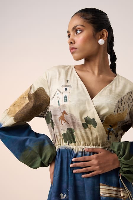 Cord_Multi Color Cotton V-neck Village Print Midi Dress _Online_at_Aza_Fashions