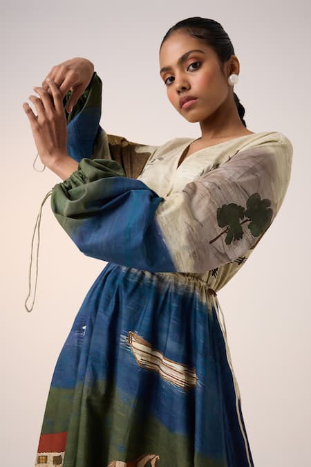 Buy_Cord_Multi Color Cotton V-neck Village Print Midi Dress _Online_at_Aza_Fashions