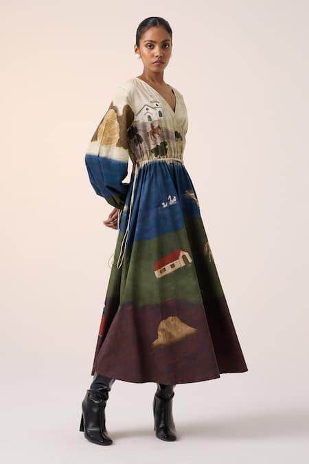 Shop_Cord_Multi Color Cotton V-neck Village Print Midi Dress _Online_at_Aza_Fashions