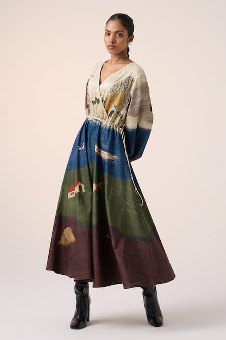 Cord_Multi Color Cotton V-neck Village Print Midi Dress _at_Aza_Fashions