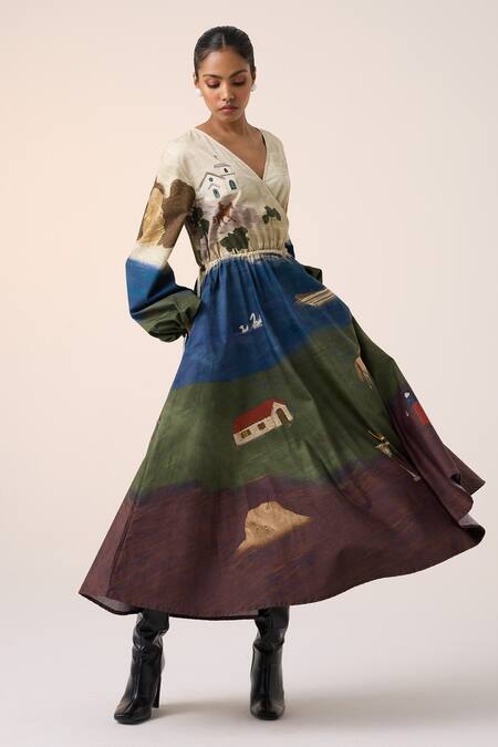 Buy_Cord_Multi Color Cotton V-neck Village Print Midi Dress 